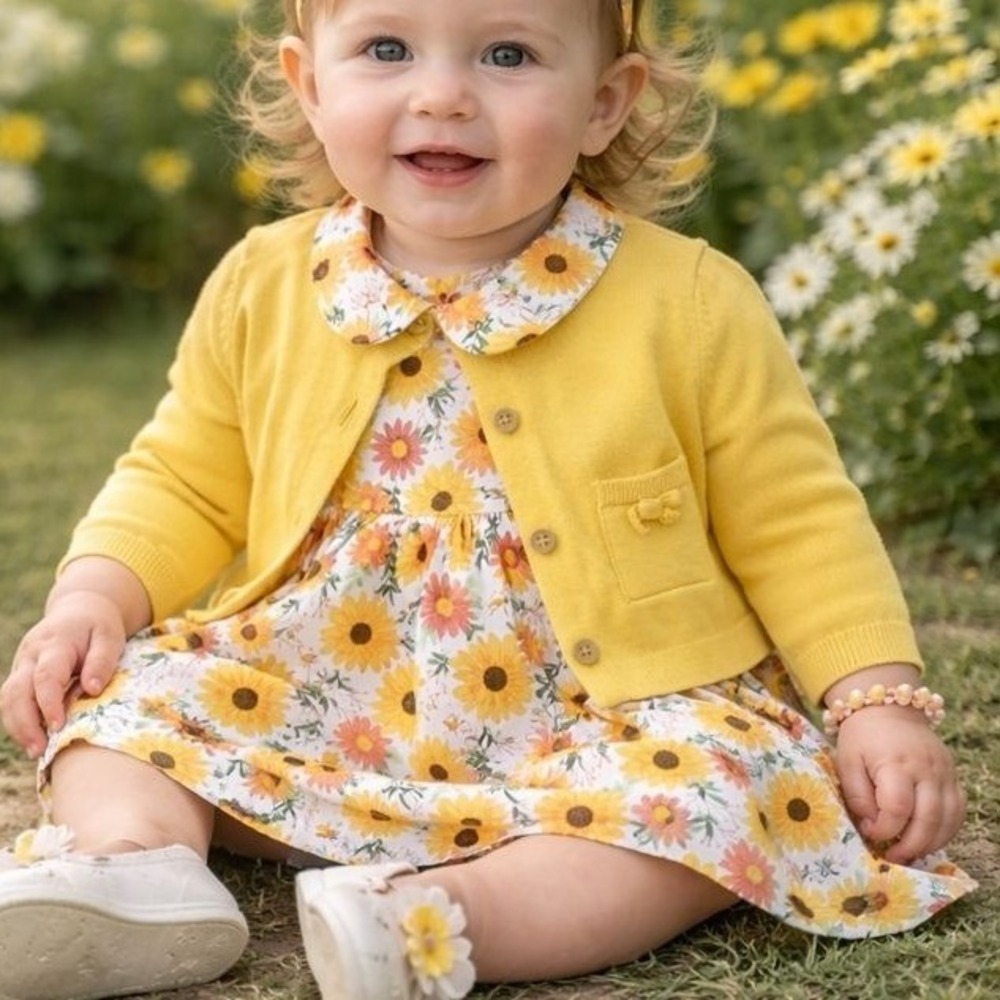 Good Lad Baby Girls 12M Yellow Sunflower Cardigan Dress‎ Set Peter Pan Collar
